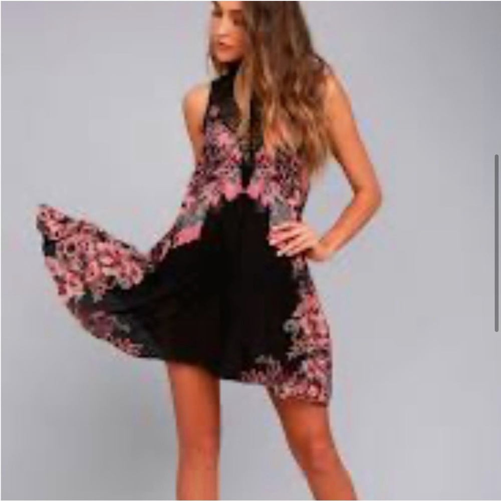 Free People Black and Pink Floral High-Low Halter Dress